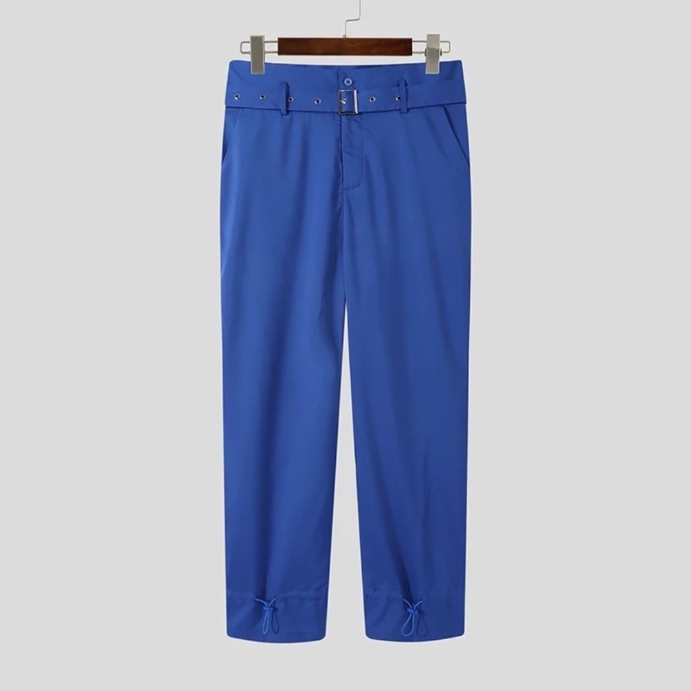 Blue Incerun Men’s Buckle Belted High Waist Straight Pants